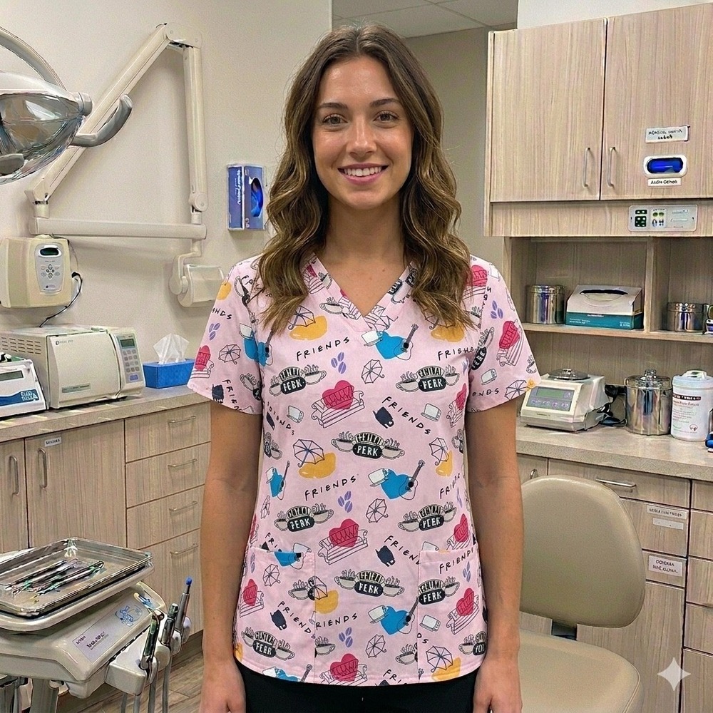Cherokee Tooniforms Friends Scrub Top Women S Pink Central Perk V-Neck **NEW** - Picture 1 of 11